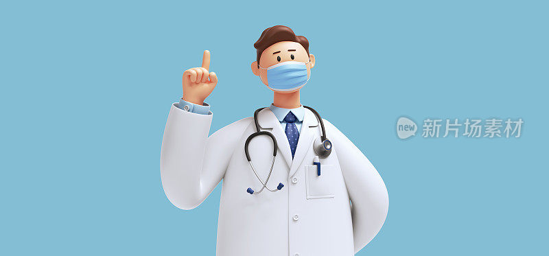 3 d渲染。卡通人物白种人医生戴着口罩，穿着制服。手指指向上。蓝色背景上隔离的医疗剪贴画。保健咨询，医学科学